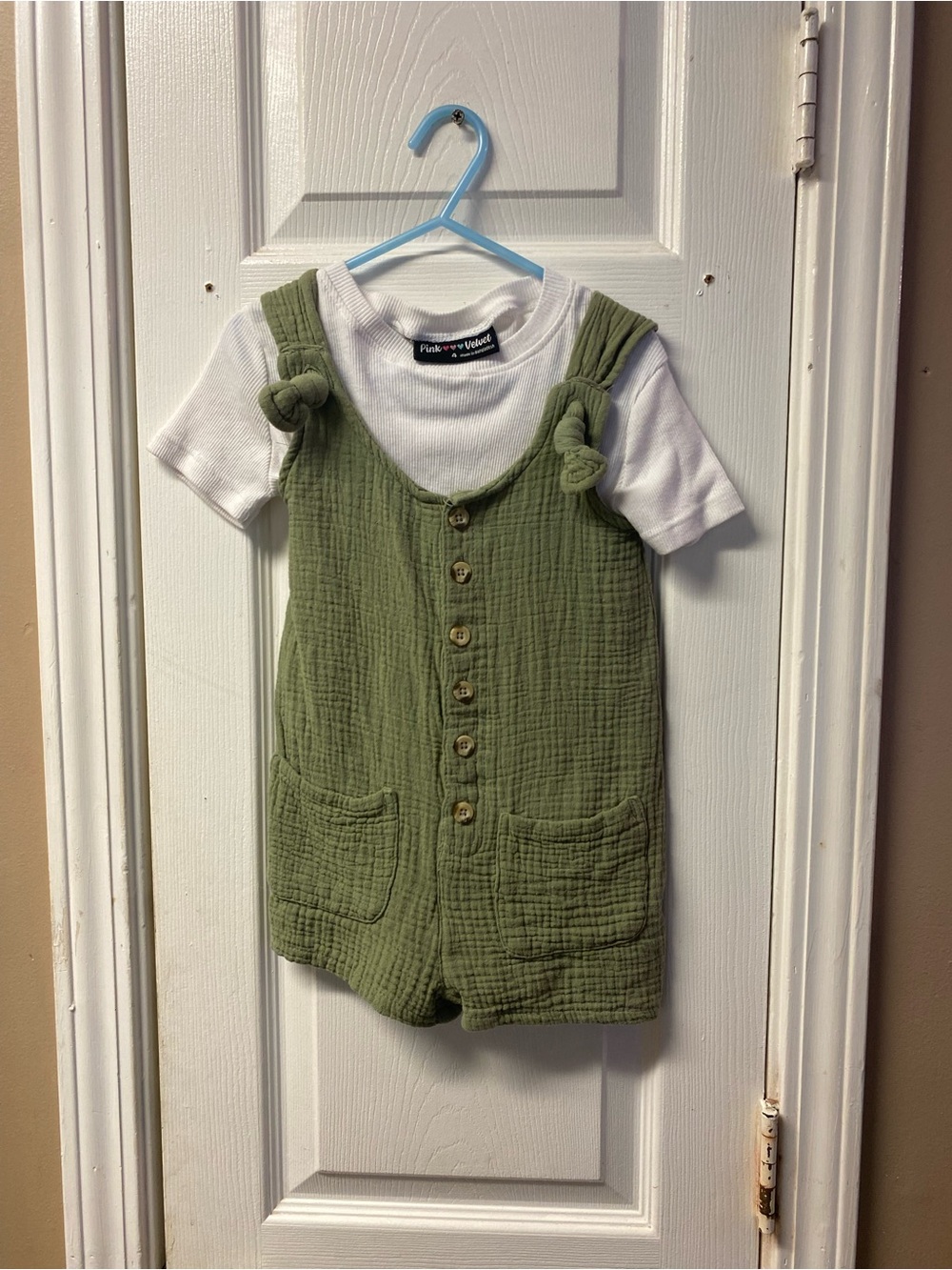 Velvet Olive Green Gauze Knot-Strap Romper with White Tee